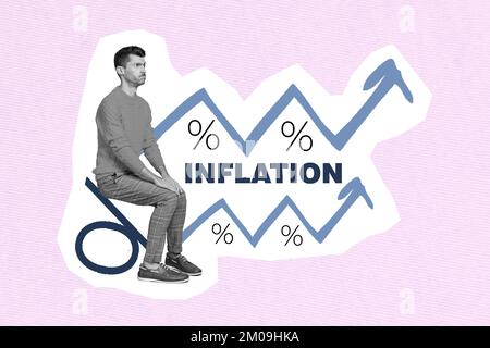Creative 3D-Fotocollage Grafikmalerei von einem Mann, der in Prozent sitzt und Inflationsdiagramme ansieht isolierter Zeichnungshintergrund Stockfoto