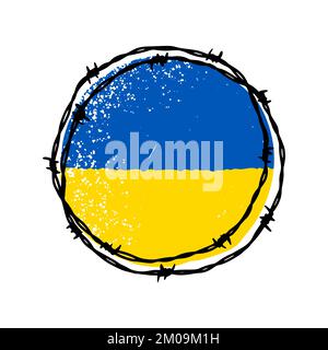 Stacheldraht kreisförmig in blauen und gelben Farben der ukrainischen Flagge. Handgezeichnete Vektordarstellung im Skizzenstil Stock Vektor