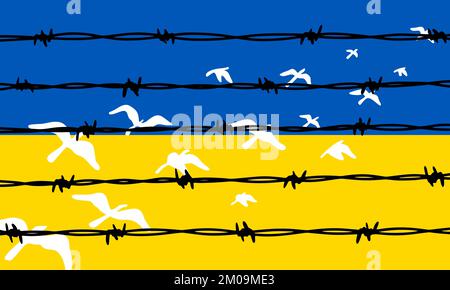 Fliegende Vögel in den Farben ukrainisches Blau und Gelb entkommen dem Stacheldrahtzaun. Freiheitskonzept. Handgezeichnete Vektordarstellung. Bete für die Ukraine Stock Vektor