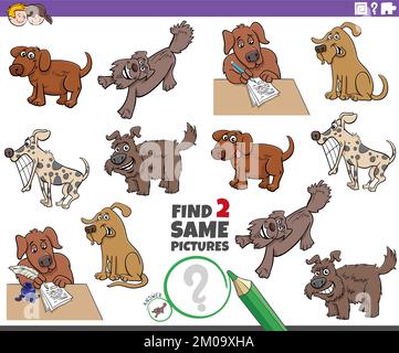 Cartoon-Darstellung, wie man zwei gleiche Bilder findet, ein Lernspiel mit Comichunden, Tierfiguren Stock Vektor