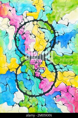 Handgezeichnete neurographische Darstellung mit Unendlichkeitszeichen. Farbenfrohes Gemälde mit schwarzem Marker und Aquarellen. Neurographie ist Kunsttherapie. Stockfoto