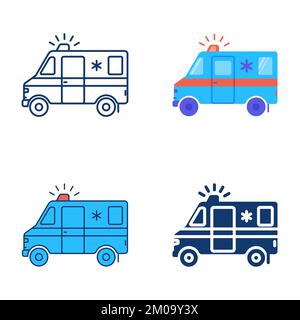 Die Ikone des Krankenwagens ist flach und linienförmig. Symbol für Notfallwagen. Vektordarstellung Stock Vektor