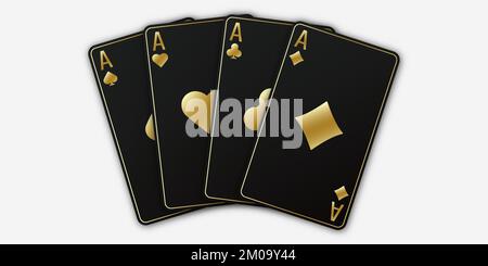 Ein Fan von Spielkarten, bestehend aus vier schwarzen und goldenen Pik-Ass, Diamanten, Clubs, Herzen. Vektor-Illustrations-Poker und Casino von allen Ass Stock Vektor