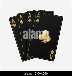 Ein Fan von Spielkarten, bestehend aus vier schwarzen und goldenen Pik-Ass, Diamanten, Clubs, Herzen. Vektor-Illustrations-Poker und Casino von allen Ass Stock Vektor