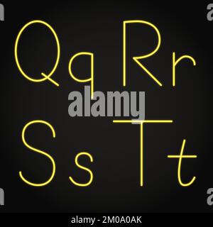 Leuchtende Neonbuchstaben Q, R, S und T. leuchtende Buchstaben. Vektordarstellung. Stock Vektor