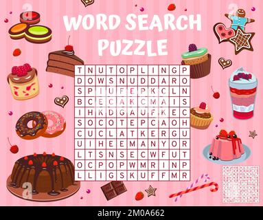 Cartoon-Kuchen, Kuchen und Desserts, Wortspiel-Arbeitsblatt, Vektorwortquiz. Ein Rätsel für die Wortsuche, um nach Donut und Pudding, Backkuchen, Käsekuchen oder Pfannkuchen mit Muffin zu suchen Stock Vektor