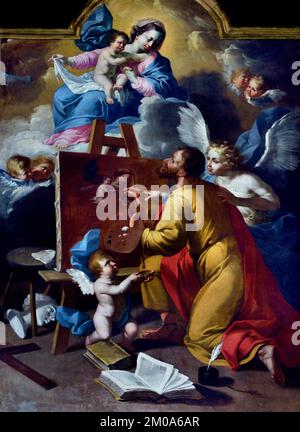 St. Luke, der Maler, der die Madonna mit dem Kind inmitten der Engel darstellt, gemalt von Sebastiano Taricco von Tscherasco 1670 römisch-katholische Kathedrale San Lorenzo, gewidmet dem Heiligen Lorenzo in der Kleinstadt Alba in Piemont, Norditalien, Italien, Stockfoto