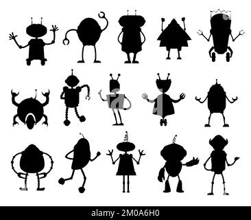 Silhouetten von Robotern und Droiden. Alien-Droiden, zukünftige Cyborg-Charaktere oder Chat-Bots, Vektorsilhouetten gesetzt. Humanoide Maschinen mit künstlicher Intelligenz, Robotermonster oder Eindringlinge Stock Vektor