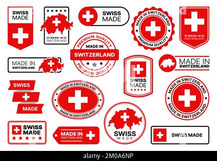 Hergestellt in der Schweiz. Schweizer Qualitätssymbole, Etiketten mit Fahne. Europäischer Staat, Schweizer Landeshersteller Produktqualitätsgarantie Zertifikat Vektorstempel, Embleme oder Anhänger, zertifizierte Siegel Stock Vektor