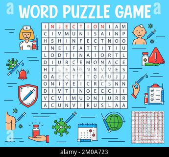Virusvakzine und -Impfung. Wortspiel-Arbeitsblatt für Puzzle-Spiele. Kinder Wortsuchspiel, Kinder Kreuzworträtsel- oder Vektorrätsel mit Impfspritze, Krankenschwester und Babyfiguren, Viruszelle Stock Vektor