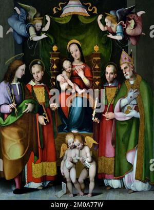 Madonna und Kind mit Heiligen von Leonardo da Pistoia - erste Hälfte des 16. Jahrhunderts - Volterra , Italien, Kunstgalerie und Museum Italien, Italien, Stockfoto