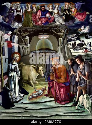 Geburt - Benvenuto von Giovanni del Guasta 1436-1518 15. Jahrhundert - Volterra Italien, Chiesa di San Girolamo, Italien, Italienisch, Verehrung der Hirten, Geburt Jesu, Jesus in Bethlehem, Weihnachten, Stockfoto