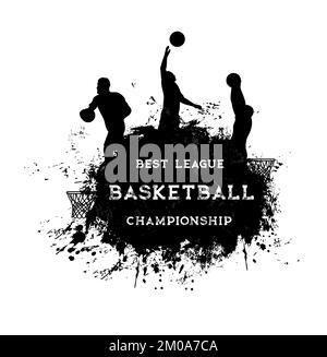 Basketballspieler-Silhouetten auf Grunge-Hintergrund. Basketballteam-Meisterschaft, Vektorbanner für Ligaturniere, Sportwettkämpfe mit Laufen, springende Spieler, Tinte oder Farbspritzer Stock Vektor