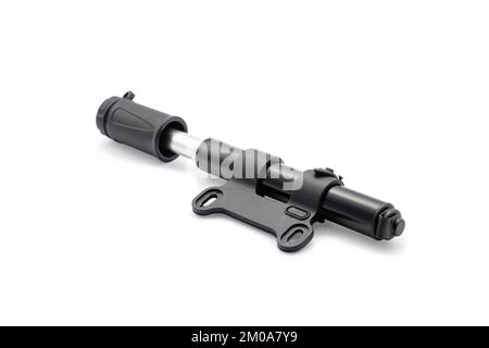 Kompakte Fahrradpumpe. Nahaufnahme. Isoliert auf weißem Hintergrund. Stockfoto