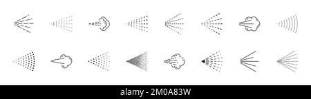 Sprühsymbole. Piktogramme für Wasser, Parfüm oder Gas, Luftbefeuchterdampf, Haarspray oder Duschtropfen, Nasenspray, Aerosolflüssigkeit, dünne Linien, Vektorsymbole Stock Vektor