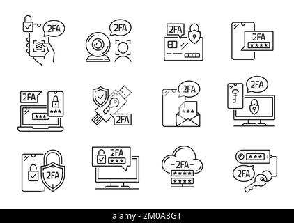 Zwei-Faktor-Verifizierungssymbole, 2FA Passwort bei SMS-Anmeldung auf dem Mobiltelefon, Vektorcodes. 2-stufige Authentifizierung auf Computer oder Laptop zur Überprüfung der Zugriffssicherheit über Smartphone für Benutzerdatenschutz und Zeilensymbole Stock Vektor