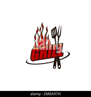 Grill Icon, BBQ Restaurant, Barbecue Steak Bar und Steakhouse Vector Fire Flamme. Grillspezialitäten, Kebab und Burger House Emblem mit Gabel und Spatel, Spießfleisch, Fast Food Menü und BBQ Metzgerei Schild Stock Vektor