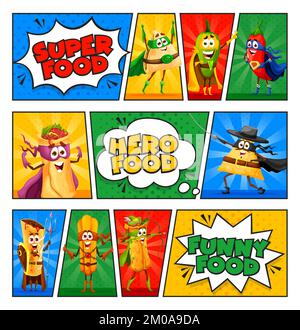 Retro-Comics-Cartoon mexikanisches Essen Superheld und Verteidiger-Charaktere. Vector super Hero witzige Tex Mex Mahlzeit Personages Nachos, Jalapeno, Enchiladas oder Burrito mit Churros auf halbfarbigem gepunktetem Hintergrund Stock Vektor