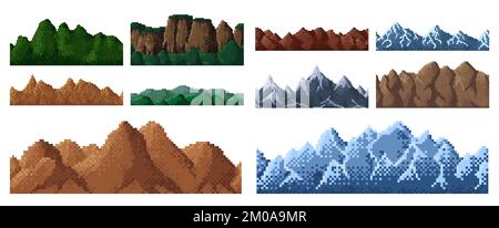 8bit Pixel Hintergrund für Berge und Hügel, Vektor Retro 8 Bit Pixel Kunstlandschaft. Arkadenspiele mit Naturbergen und Hügeln mit Himmel und Waldgras, Pixel Art Alpen, Schneesteinen und Dschungelinsel Stock Vektor