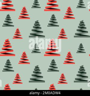 Nahtloses Vektormuster mit Weihnachtsbäumen aus grün-rotem Band. Winterschmuck für Tapete, Geschenkpapier, Textil, Stoff, Cover, Web Stock Vektor