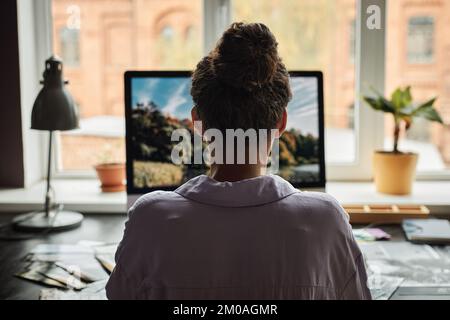 Junge Frau, die im Heimbüro am Computer arbeitet und Fotos bearbeitet, Ansicht von hinten Stockfoto