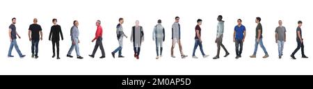 Linie von Vorder-, Seiten- und Rückansicht große Gruppe von Männern mit Jeans, die auf weißem Hintergrund laufen Stockfoto