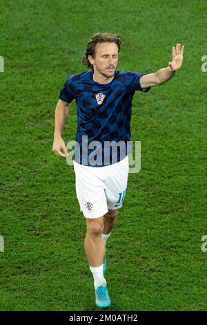 Al-Wakrah, Katar. 5.. Dezember 2022. Luka Modric von Kroatien reagiert vor dem Spiel der Runde 16 zwischen Japan und Kroatien auf der FIFA-Weltmeisterschaft 2022 im Al Janoub Stadion in Al Wakrah, Katar, 5. Dezember 2022. Kredit: Xiao Yijiu/Xinhua/Alamy Live News Stockfoto