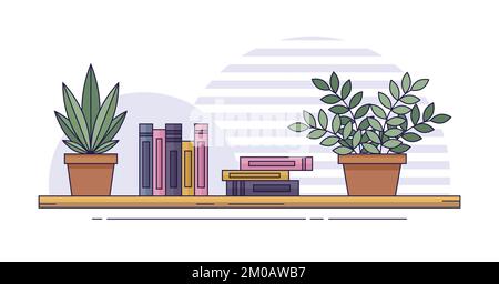 Bücherregal. Regal für Bücher mit Pflanzen im Topf. Vektordarstellung in flacher Form. Stock Vektor