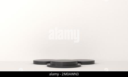 Setzen sie das 3D-Zylinder-Podium ein. Szene mit Podium- und Balck-Podium, Produktanzeige mit weißem Zylindermodell, 3D-Rendering. Ständer für Showcase, Sockel, cosme Stockfoto