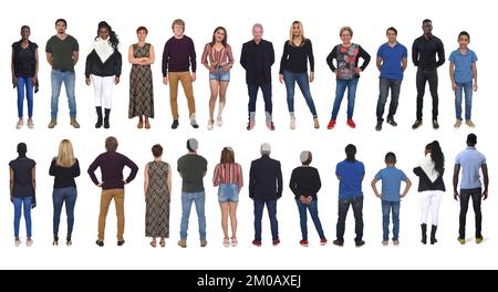 Blick auf die gleiche Gruppe von Personen von vorne und hinten Stockfoto