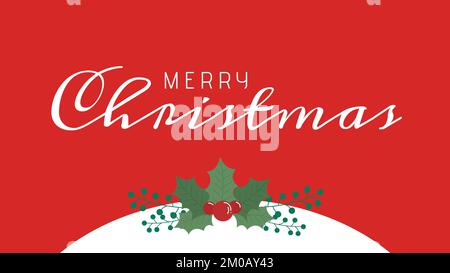 Weißer Text zu frohen weihnachten mit Holly-Zweig auf rotem Hintergrund Stockfoto