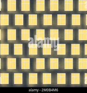 fenster auf brauner Backsteinwand. Nahtlose Hintergrunddarstellung mit gelben Fenstern, die im Dunkeln leuchten. Nachtarchitektur, Stadtszene. Stockfoto