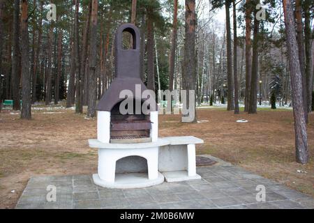 Ofen-Barbecue aus Ziegelsteinen auf Holz zum Kochen auf der Straße. Wintertag im Park, der Brazier brennt nicht. Stockfoto