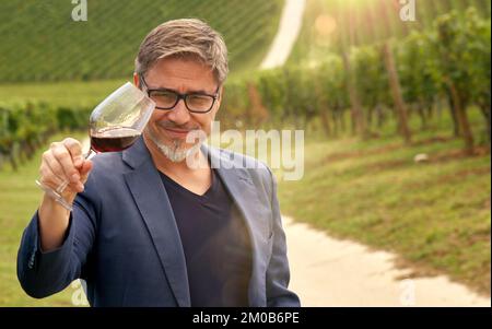 Porträt eines glücklichen Mannes im Weinberg mit einem Glas Rotwein. Winzer, Agrarunternehmer, Besitzer, Winzer. Stockfoto