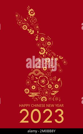Rabbit Chinese Neujahr 2023 Grußkartenvektor. Goldenes Häschen mit asiatischem Ornament. Ostasien Kalendersymbol für Neujahr. Stock Vektor