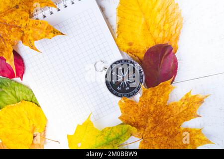 Notizen des Reisenden. Kompass und Notizblock für Notizen in hellen Herbstblättern. Stockfoto