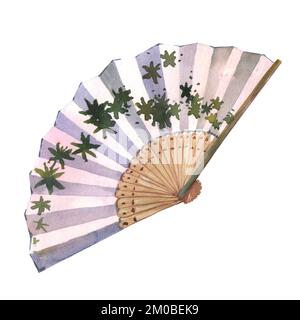 Aquarell japanischer Ventilator mit grünen Blättern isoliert auf weißem Hintergrund. Aquarelldarstellung. Stockfoto