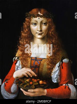 Mädchen mit Kirschen vom italienischen Renaissance-Künstler Giovanni Ambrogio de Predis (ca. 1455 bis ca. 1508), Öl auf Holz, ca. 1491-5 Stockfoto