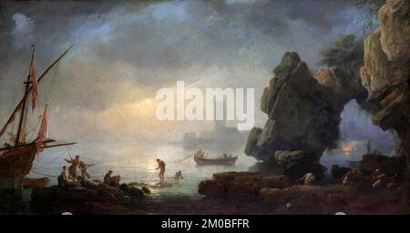 Joseph Vernet. Gemälde mit dem Titel "Harbor Scene with a Grotto and Fishermen holing in nets" von Claude-Joseph Vernet (1714-1789), Öl auf Leinwand, c. 1770-89 Stockfoto