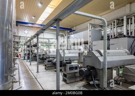 Huelva, Spanien - 4. Dezember 2022: In einer Olivenölmühle Extra natives Olivenöl Fabrik durch kalte Zentrifugalextraktion, Marke Olibeas in den vi Stockfoto