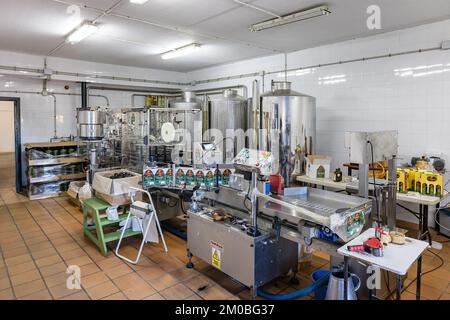 Huelva, Spanien - 4. Dezember 2022: Abfüll- und Etikettiermaschine in einer modernen Olivenölmühle Extra natives Olivenöl Fabrik Marke Olibeas in der Stockfoto