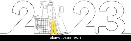 Das neue Jahr 2023 steht vor der Tür. Kontinuierliche eine Linie Zeichnung des neuen Jahres Zeichen auf Hintergrund glückliches neues Jahr Frohe Weihnachten. Vektorgrafik Stock Vektor