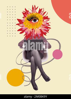 Zeitgenössisches Kunstdesign. Augapfel in Blüte. Modernes konzeptuelles Kunstposter mit schönem Auge im Surrealismus-Stil. Frau aus der Buisness sitzt mit Laptop auf farbigem abstraktem Hintergrund. Stockfoto