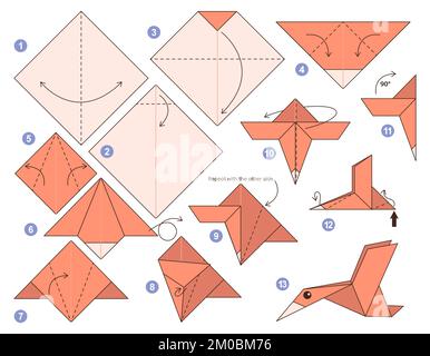 Origami-Tutorial für Kinder. Origami süßer Vogel. Stock Vektor