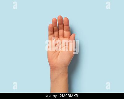 Leere Handfläche einer Weißen auf pastellblauem Hintergrund. Nahaufnahme mit offener Geste. Erwachsene, weibliche Person, Rechtshänder, Makro. Körperteile-Konzept. Stockfoto