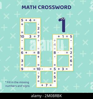 Mathematik-Kreuzworträtsel für Kinder löst ein Beispiel. Stock Vektor