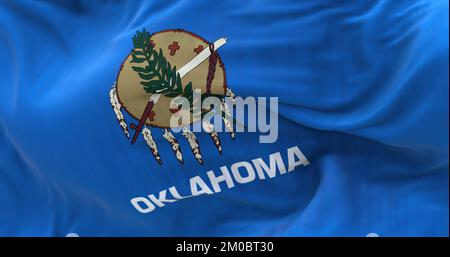 Nahaufnahme der Oklahoma Staatsflagge, die winkt. Oklahoma ist ein Bundesstaat in der südlichen Zentralregion der Vereinigten Staaten. Texturierter Hintergrund. Ausw Stockfoto