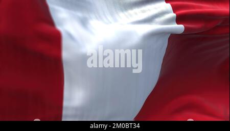 Nahaufnahme der peruanischen Nationalflagge, die im Wind winkt. Die Republik Peru ist ein Land im Westen Südamerikas. Texturierter Hintergrund. Se Stockfoto