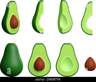 3D grüne Avocado, Set aus frischer ganzer, halbzerteilter Scheibe, mit einem großen Samen. Gemüse, frische Bio-Früchte für einen gesunden Lebensstil. Vektor Stock Vektor