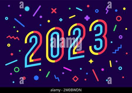 2023, Frohes neues Jahr. Grußkarte mit 2023 für frohe Neujahrsferien. Leuchtender geometrischer Stil für ein frohes neues Jahr oder Frohe Weihnachten. Urlaubshintergrund, Banner, Poster. Vektordarstellung Stock Vektor